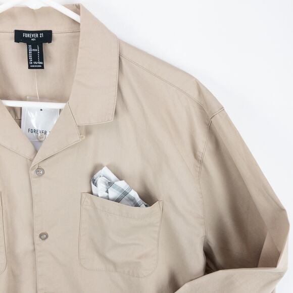 Forever 21 Woven Top Men's Large Camp Collar Long Sleeve Cotton Taupe - Picture 7 of 12